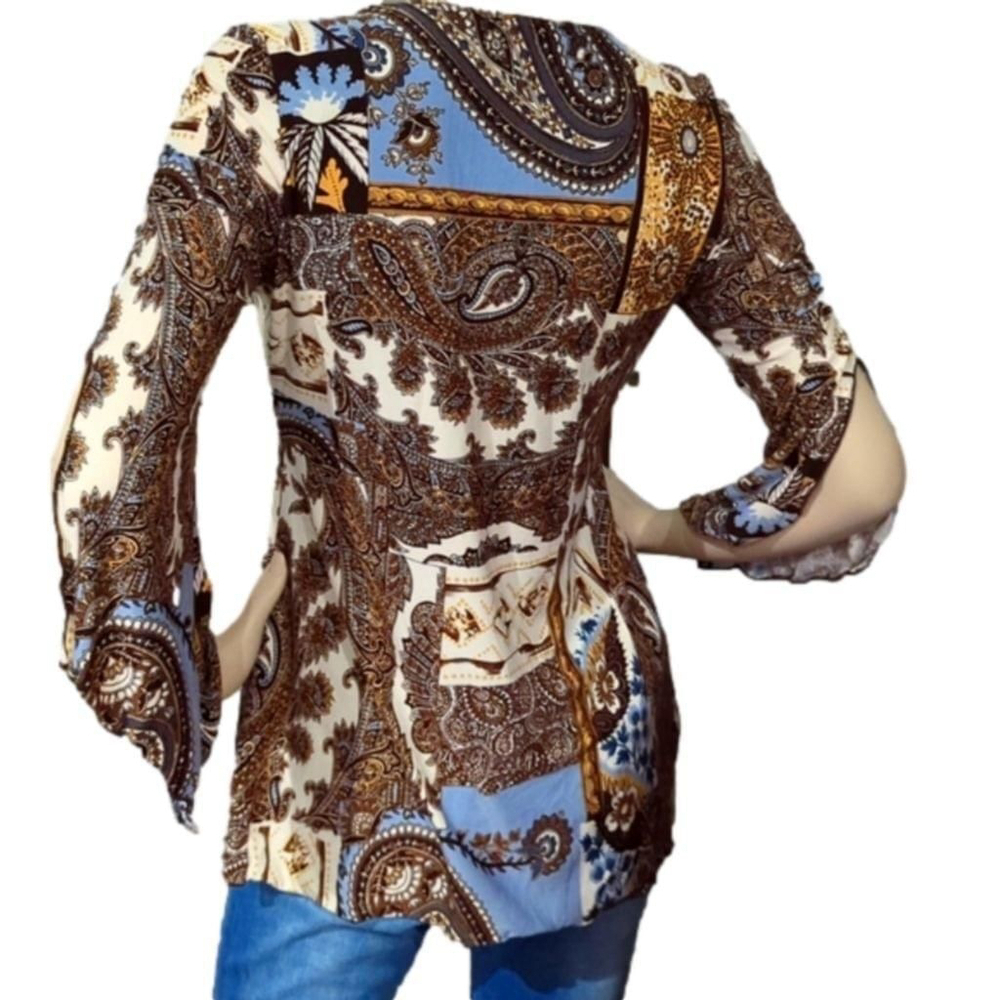 Bohemian Top Medium Split sleeve Brown Paisley Long Sleeve Blouse Baby doll top - Picture 7 of 12